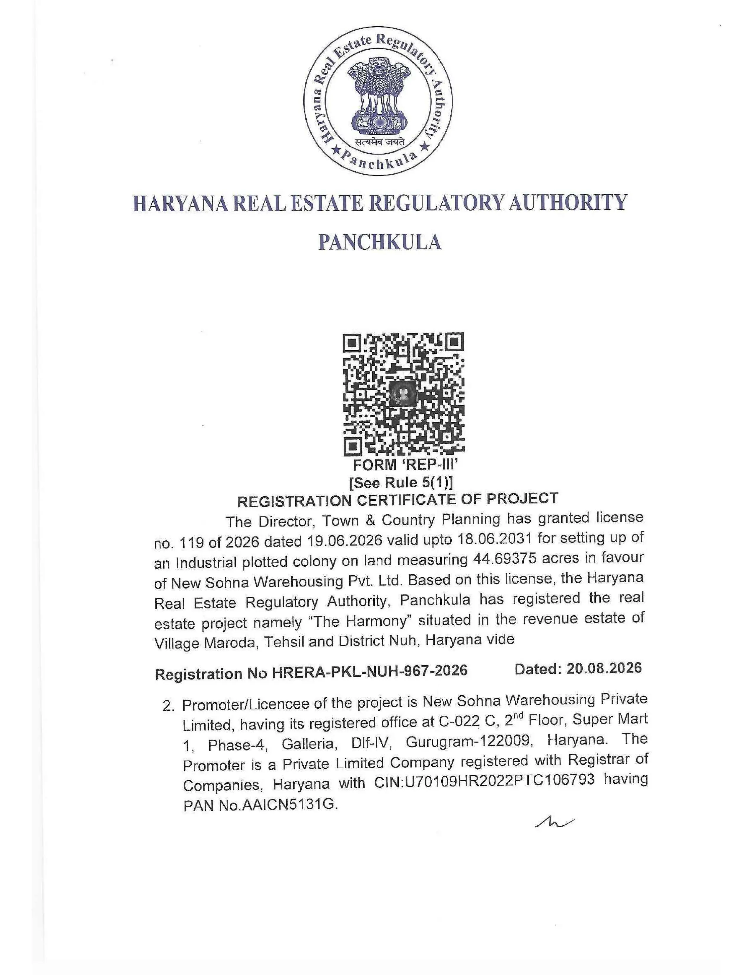 RERA Registration Certificate — One Prastha The Harmony - Village Maroda, Tehsil and District Nuh, Haryana
